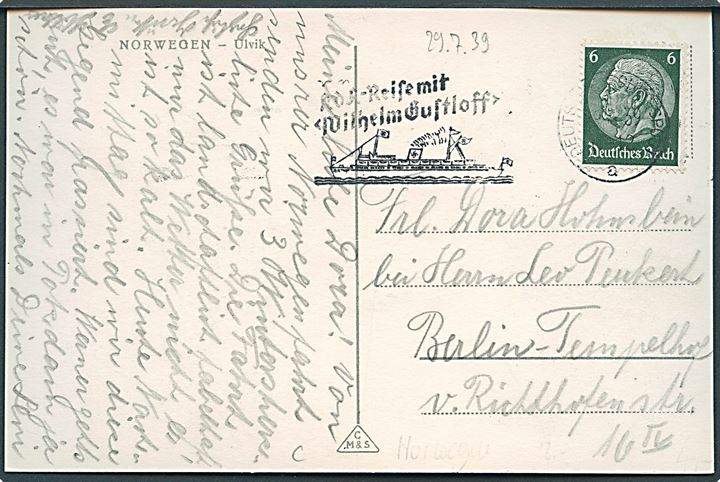 6 pfg. Hindenburg på brevkort (Ulvik) annulleret med skibsstempel ombord på M/S Wilhelm Gustoff d. 29.7.1939 til Berlin, Tyskland.