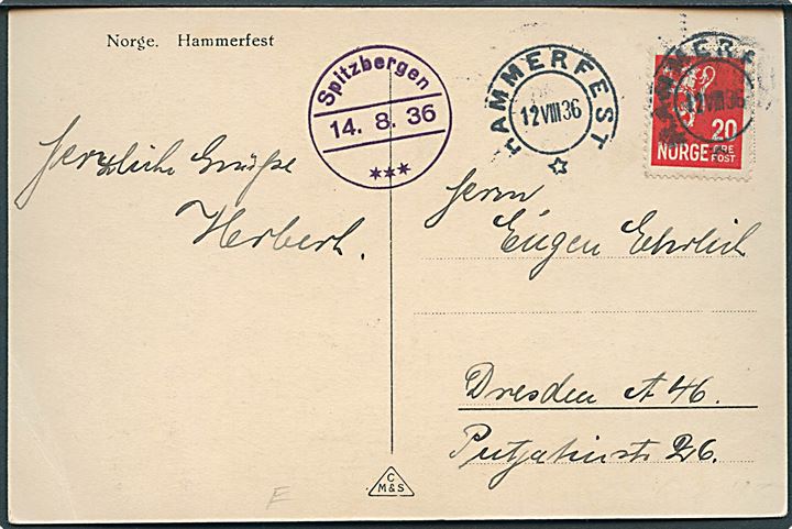 20 øre Løve på brevkort (Hammerfest) stemplet Hammerfest d. 12.8.1936 og sidestemplet Spitzbergen d. 14.8.1936 til Dresden, Tyskland.