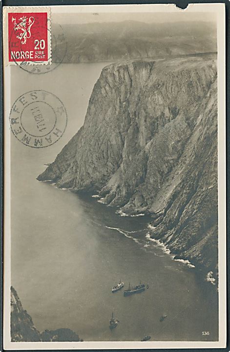 20 øre Løve på billedside af brevkort stemplet Hammerfest d. 17.8.1931 og på bagsiden sidestemplet Nordkap d. 16.8.1931 til Baden-Baden, Tyskland.