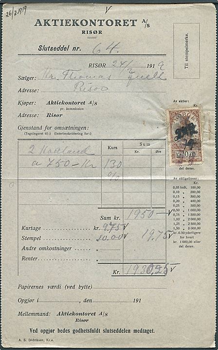 10 kr. Stempelmærke på regning fra Risør d. 24.2.1919.