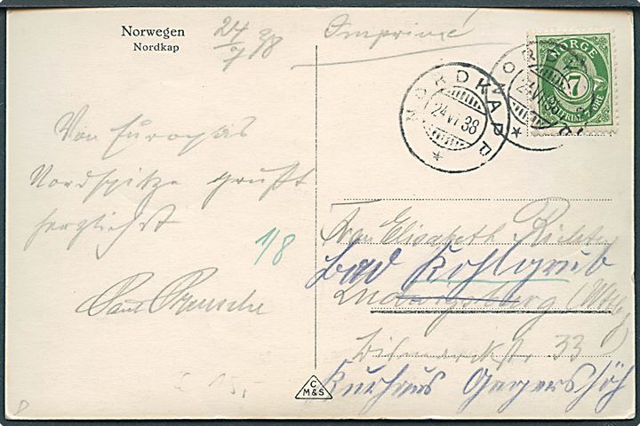 7 øre Posthorn på brevkort (Nordkap) stemplet Nordkapp d. 24.7.1938 til Tyskland.