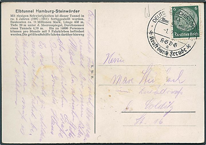 6 pfg. Hindenburg på brevkort (Hamburg) annulleret med skibsstempel fra M/S Monte Sarmiento d. 1.7.1935 til Colditz.