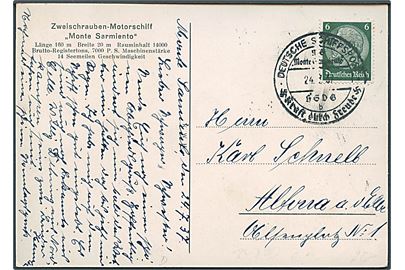 6 pfg. Hindenburg på brevkort (M/S Monte Sarmiento) annulleret med skibsstempel ombord på M/S Monte Sarmiento d. 24.7.1937 til Altona.