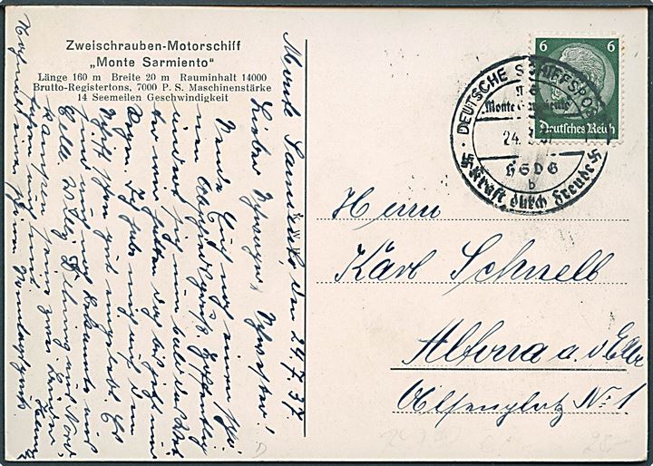 6 pfg. Hindenburg på brevkort (M/S Monte Sarmiento) annulleret med skibsstempel ombord på M/S Monte Sarmiento d. 24.7.1937 til Altona.