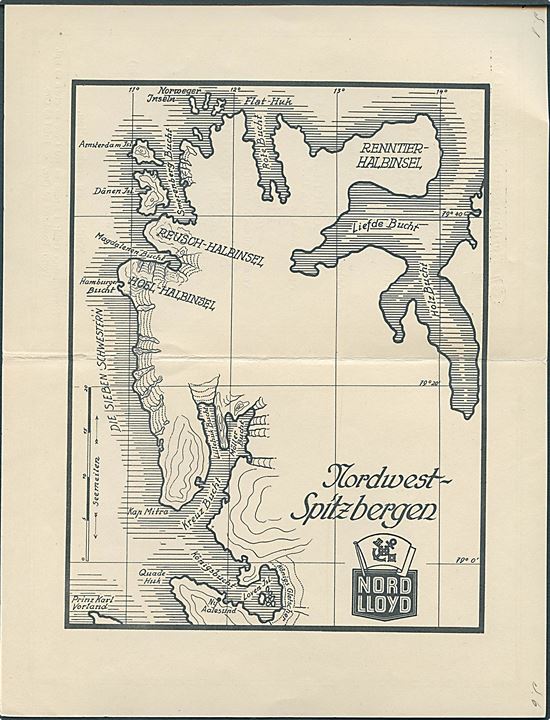 Norddeutscher Lloyd program fra Nordkap-Spitzbergen Fahrt 1938 med S/S Stuttgart med landkort over det nordvestlige Spitzbergen.