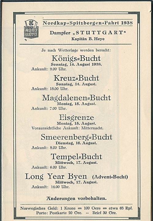 Norddeutscher Lloyd program fra Nordkap-Spitzbergen Fahrt 1938 med S/S Stuttgart med landkort over det nordvestlige Spitzbergen.