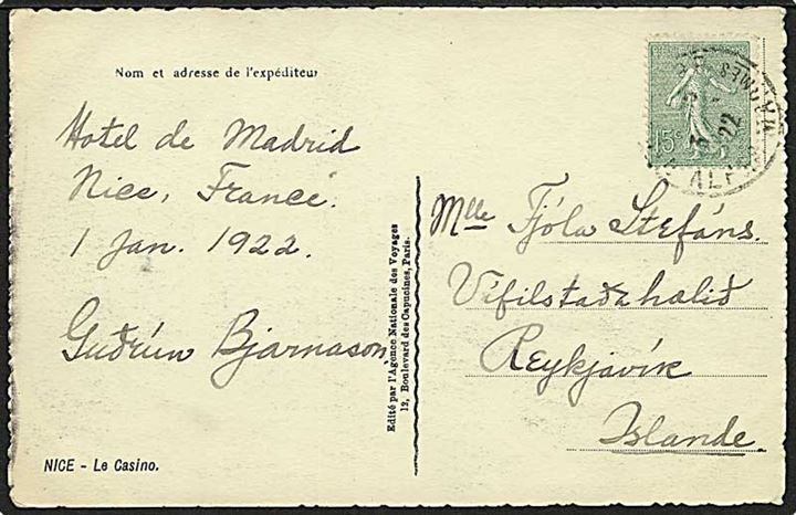 15 c. Såerske på brevkort fra Nice 3.1.1922 til Reykjavik, Island.