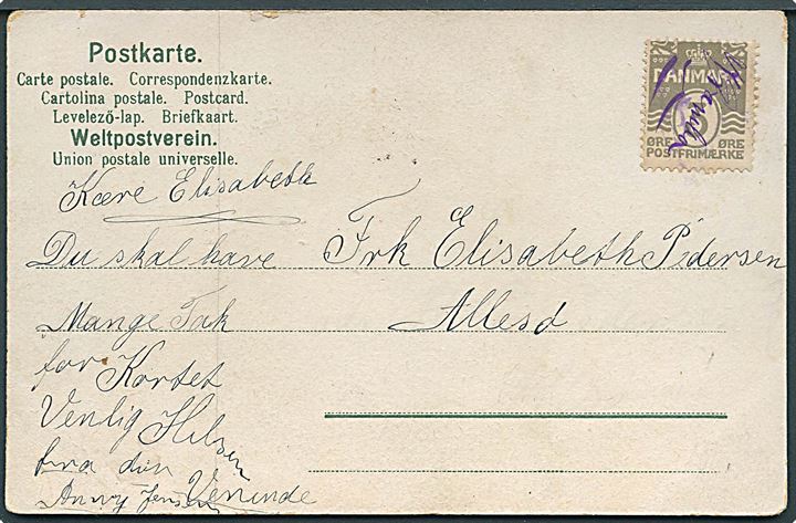3 øre Bølgelinie på lokalt brevkort annulleret med blæk signatur K. Dambo til Allesø.