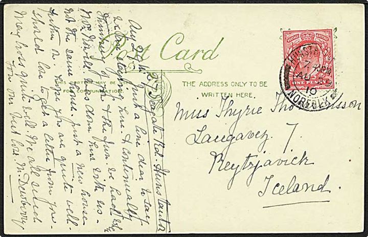 1d Edward VII på brevkort stemplet Hundstanton d. 29.8.1907 til Reykjavik, Island. 