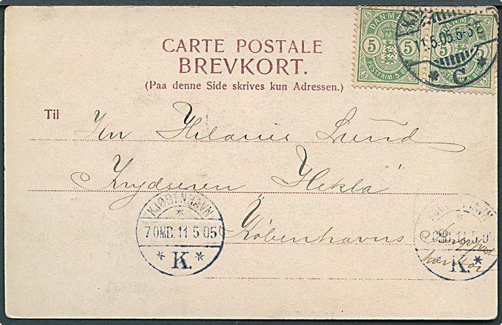 5 øre Våben i parstykke på brevkort fra Kjøbenhavn d. 11.5.1905 til Krydseren Hekla via Brevpostkontoret i Kjøbenhavn. Hekla var stationsskib ved Island marts til okt. 1905.