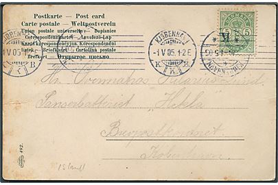 5 øre Våben på brevkort fra Kjøbenhavn d. 1.5.1905 til Krydseren Hekla via Brevpostkontoret i Kjøbenhavn. Hekla var stationsskib ved Island marts til okt. 1905.