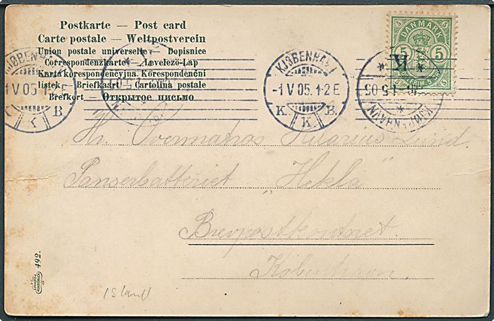 5 øre Våben på brevkort fra Kjøbenhavn d. 1.5.1905 til Krydseren Hekla via Brevpostkontoret i Kjøbenhavn. Hekla var stationsskib ved Island marts til okt. 1905.