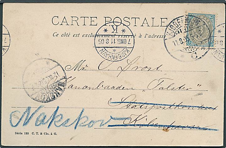 3 øre Tofarvet på brevkort fra Kjøbenhavn d. 11.8.1905 til Kanonbaaden Falster via Statspostkontoret, København - eftersendt til skibets station i Nakskov.