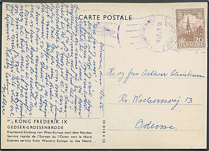 20 øre 1000 års udg. på brevkort (M/F Kong Frederik IX) annulleret med violet håndrulle skibsstempel Dansk Søpost / Gedser - Grossenbrode d. 15.9.1955 til Odense.