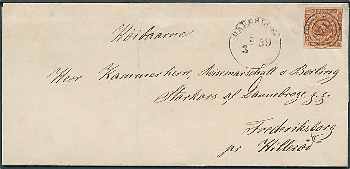 4 sk. 1858 udg. på brev annulleret med nr.stempel 128 og sidestemplet med 1½ ringsstempel Oldesloe d. 5.3.1859 til Frederiksborg pr. Hillerød.