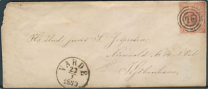 4 sk. Krone/Scepter artighedsklippet på brev annulleret med nr.stempel 75 og sidestemplet antiqua Varde d. 23.1.1869 til Kjøbenhavn.