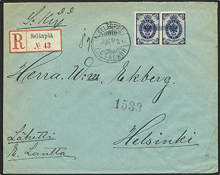 20 pen. Våben i par på anbefalet brev annulleret med svagt liniestempel og sidestemplet Selänpää d. 2.12.1904 til Helsinki, Finland.