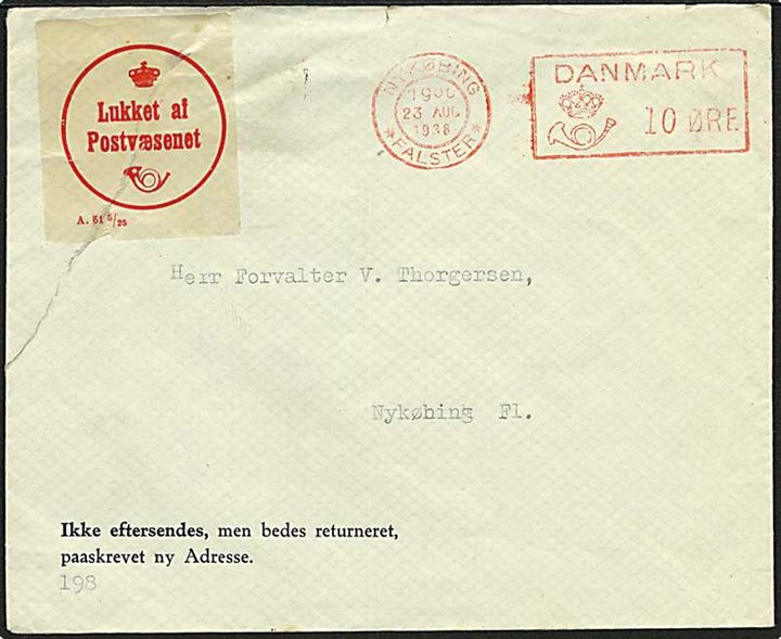 Lokalt sendt francostemplet brev fra Nykøbing Fl. d. 23.8.1938. Åbnet ved fejltagelse og lukket af postvæsenet, mærkat A 61 5/25.