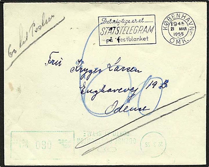 Ufrankeret brev fra København d. 21.3.1955 til Odense. Sat i porto med 60 øre.