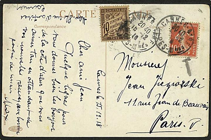 10 c. Såerske på underfrankeret brevkort fra Cannes d. 19.12.1918 til Paris. 10 c. Portomærke.