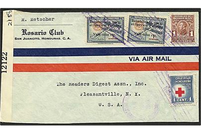 Blandingsfrankeret luftpostbrev fra San Juancito 1942 til Pleasantville, USA. Åbnet af amerikansk censor nr. 12122.