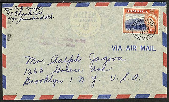 8d Blue Mountain Peak på luftpostbrev fra Kingston d. 4.12.1957 til Brooklyn, USA. Amerikansk stempel: Supposed to contain matter Prohibited importation - formodentlig ulovlig lotteri materiale.