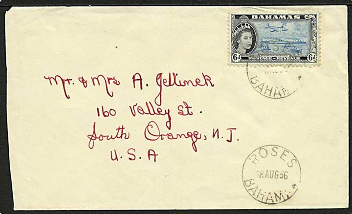 6d Modern Transport single på brev stemplet Roses, Bahamas d. 18.8.1956 til South Orange, USA.