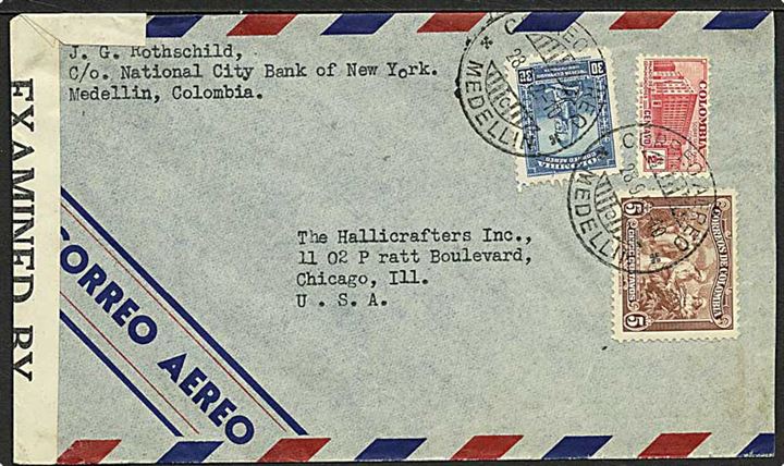 35½ c. blandingsfrankeret luftpostbrev fra Medellin d. 28.9.1942 til Chicago, USA. Åbnet af amerikansk censur nr. 3908.