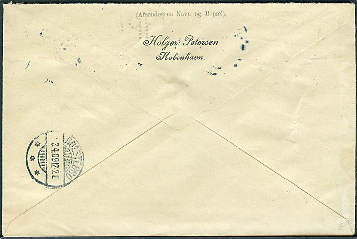 20 øre Fr. VIII med perfin H.P. på adressebrev for pakke fra firma Holger Petersen i Kjøbenhavn d. x.4.1909 til Holstebro.