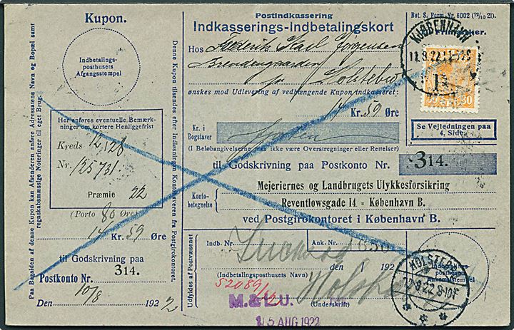 30 øre Chr. X med perfin MLU på retur Indkasserings-Indbetalingskort fra Mejeriernes og Landbrugets Ulykkesforsikring i Kjøbenhavn d. 11.8.1922 til Holstebro.