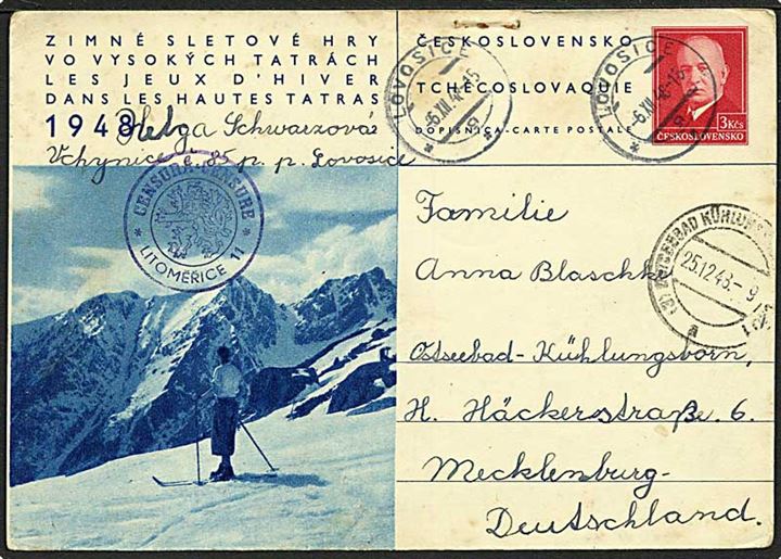3 Kcs. illustreret helsagsbrevkort Høje Tatra bjerge fra Lovosice d. 6.12.1948 til Ostseebad Kühlungsborn, Tyskland. Tjekkisk efterkrigscensur fra Litomerice.