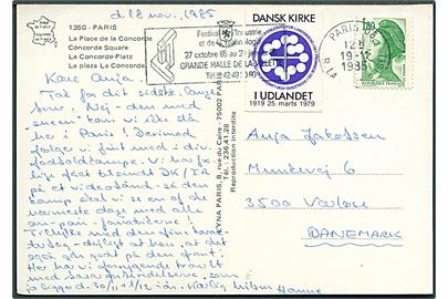 1,80 fr. og Dansk Kirke i Udlandet mærkat på brevkort fra Paris d. 19.11.1985 til Værløse, Danmark.