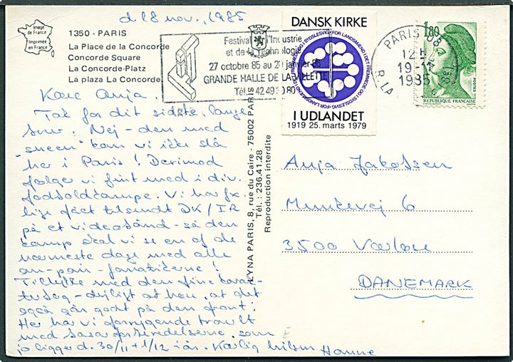 1,80 fr. og Dansk Kirke i Udlandet mærkat på brevkort fra Paris d. 19.11.1985 til Værløse, Danmark.