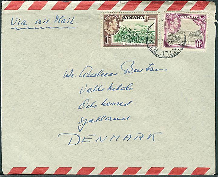 6d og 1 sh. George VI på luftpostbrev fra Skoleskibet Danmark stemplet Myrtle Bank Jamaica d. 17.x.1956 til Vallekilde, Danmark.