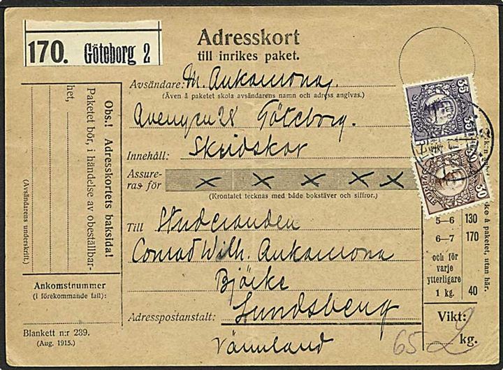 30 öre og 35 öre Gustaf på adressekort for pakke fra Göteborg d. 13.11.1917 til Sundsberg - fejlsendt til Sundbyberg.