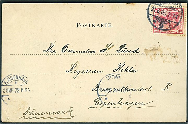 10 pfg. Germania på brevkort fra Hamburg d. 21.6.1905 til overmatros ombord på krydseren Hekla via Brevpostkontoret i Kjøbenhavn.