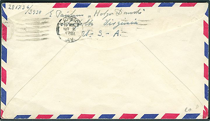 3 c. (5) på luftpostbrev fra Norfolk d. 11.6.1957 til Sønderborg, Danmark. Fra menig ombord på Fregatten Holger Danske på flådebesøg i Norfolk.