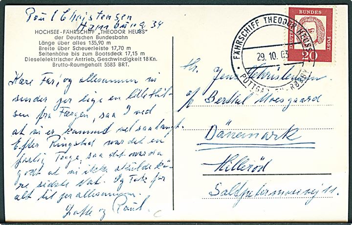 20 pfg. på brevkort (M/F Theodor Heuss) annulleret med skibsstempel Fährschiff Theodor Heuss * Puttgarden - Rødby d. 29.10.1963 til Hillerød.