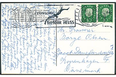 20 pfg. på brevkort (M/F Theodor Heuss) annulleret med håndrulle skibsstempel Fährschiff Theodor Heuss Grossenbrode - Gedser / Fährschiff Theodor Heuss d. 1.9.1960 til København, Danmark.
