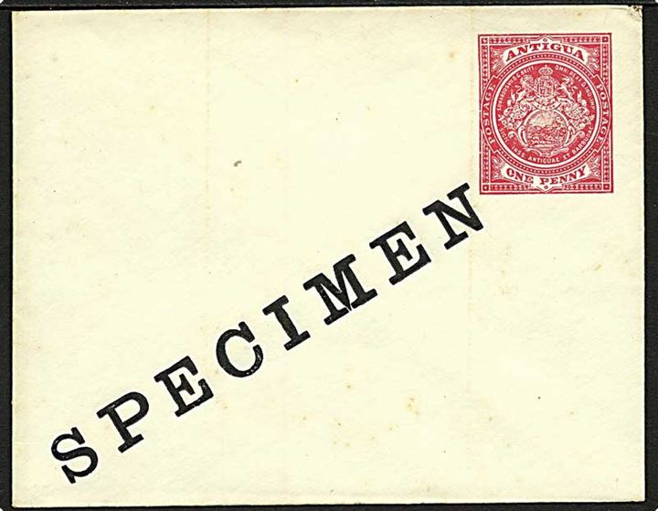 1d Antigua Våbentype helsagskuvert med sort tiltryk: SPECIMEN