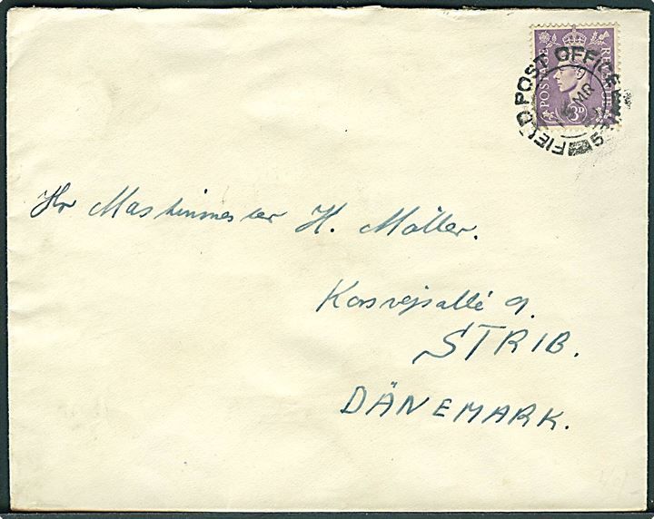 3d George VI på brev annulleret med britisk feltpoststempel Field Post Office 531 (Italien?) til Strib, Danmark. Fra dansk sømand ombord på S/S London bound for St. Johns.