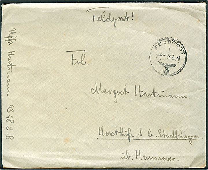 Ufrankeret tysk feltpostbrev med indhold stemplet Feldpost d. 58.5.1943 til Hannover. Fra soldat ved feldpost-nr. 43482B =  5. Kompanie Infanterie-Regiment 194 stationeret i Danmark. 