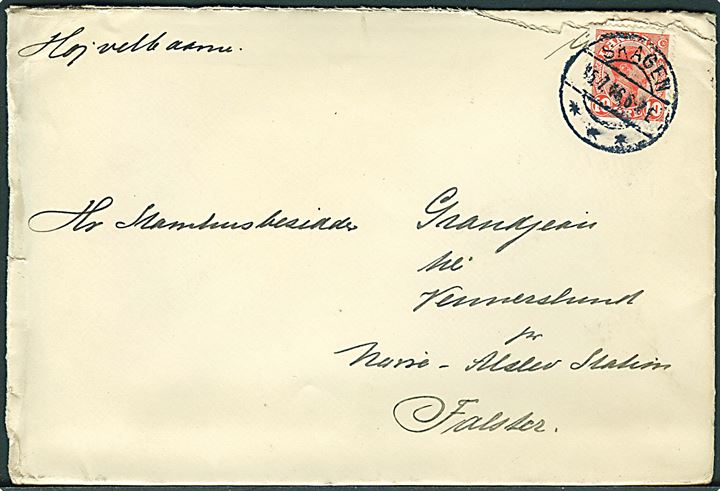 10 øre Chr. X på fortrykt kuvert fra Chefen for Krydseren Hejmdal stemplet Skagen d. 15.7.1916 til Vennerslund pr. Nørre Alslev. Fuldt indhold.