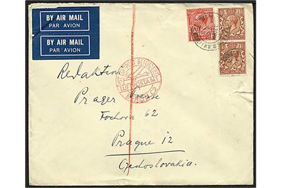 1d og 1½d (par) George V på luftpostbrev fra London d. 5.10.1933 via Berlin til Prag, Tjekkoslovakiet. Rødt stempel Mit luftpost befördert Luftpostamt Berlin C2.