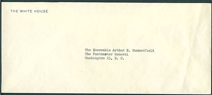 Ufrankeret fortrykt kuvert fra The White House til Postmaster General Arthur E. Summerfield i Washington. Summerfield var USA's 54. Postmaster General under Dwight D. Eisenhower's præsidentskab fra 1953-1961. 
