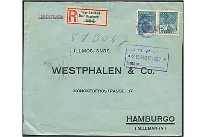 400 Reis i parstykke på anbefalet brev fra Sao Paulo 1927 til Hamburg, Tyskland. Påsat tysk rec.-etiket: Vom Ausland über Hamburg 1