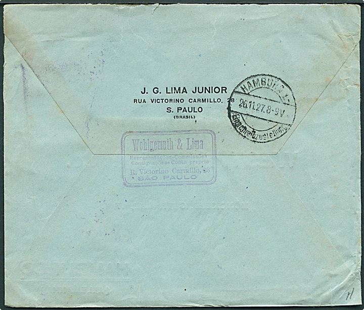 400 Reis i parstykke på anbefalet brev fra Sao Paulo 1927 til Hamburg, Tyskland. Påsat tysk rec.-etiket: Vom Ausland über Hamburg 1