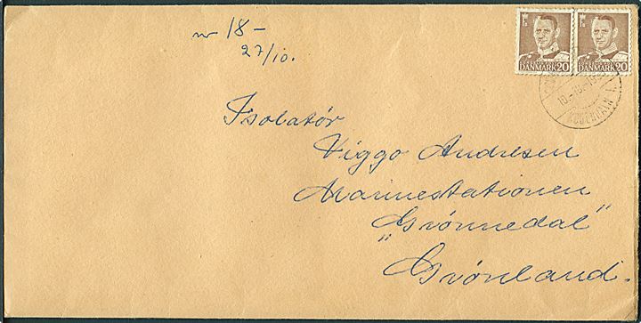 20 øre Fr. IX (2) på brev fra Lyngby annulleret Grønlands Postkontor København K d. 10.10.1955 til marinestation Grønnedal, Grønland.