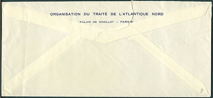 20 fr. firmafranko OTAN-NATO i Paris d. 9.6.1958 til danske ambassade i Paris. Fortrykt kuvert fra NATO hovedkvarteret i Palais de Chaillot, Paris.