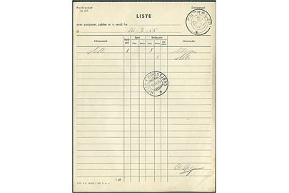 Postliste formular med kronet posthornstempel M/S HØLE benyttet på sejlende brevhus sidestemplet Helle i Høgsfjord d. 16.7.1955.